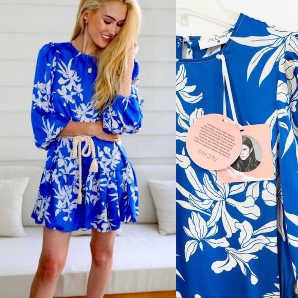 Alexis Blue Mini Dress XXS Floral Print Rope Belt Swing Long Sleeve Satin New